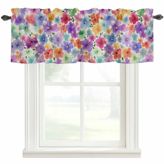 Watercolor Flowers Window Valance Curtain Retro Country Spring Floral Linen Rod Pocket Valance for Windows Short Curtain for Living Room, Bedroom & Kitchen Window Decor 42x12in