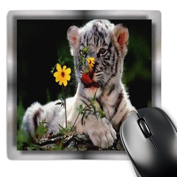 3dRose, White Tiger Cub Licking Flowers, MousePad