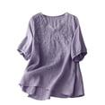 thumbnail image 2 of Women's Embroidered Cotton Linen Short Sleeve V-Neck Casual Top Shirt, 2 of 5