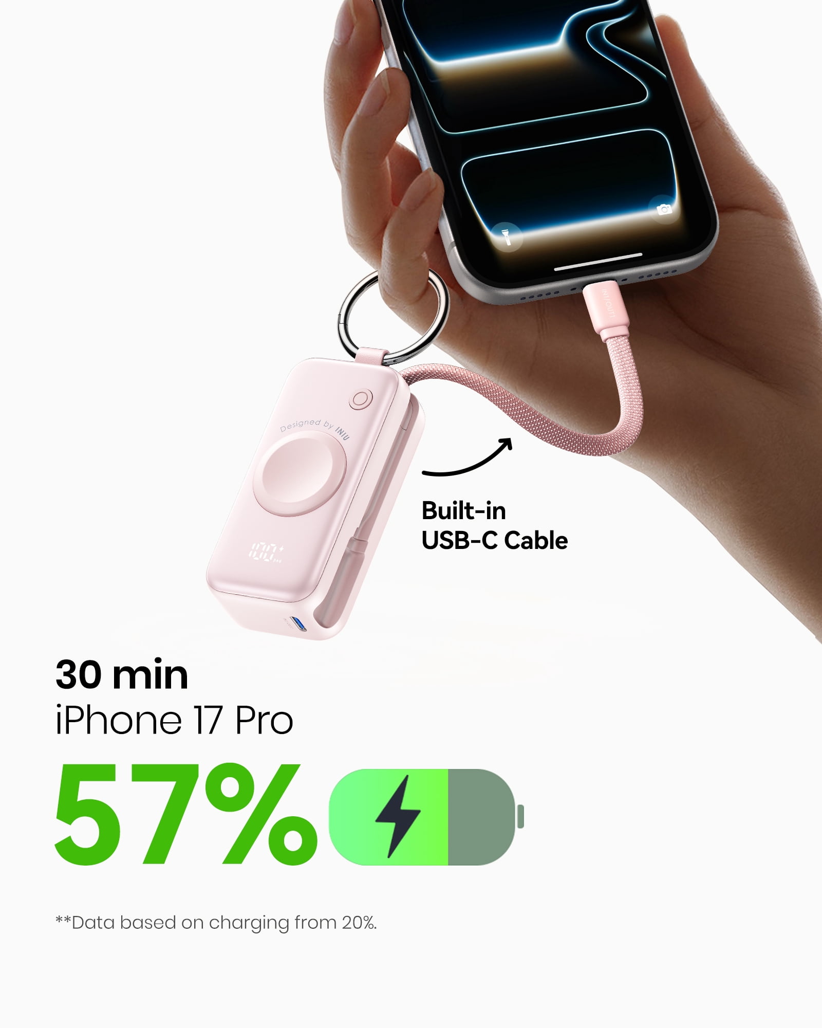 INIU 3-in-1 Portable Charger, Small 5000mAh Wireless Power Bank with Built-in Cable for Apple Watch 10/9/8/Ultra2/Ultra/SE, iPhone 17/16 etc, Pink