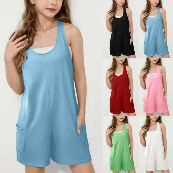 lcziwo Girls Sleeveless Romper Kids Summer Casual Short Jumpsuit with Pockets Green 10-11Years