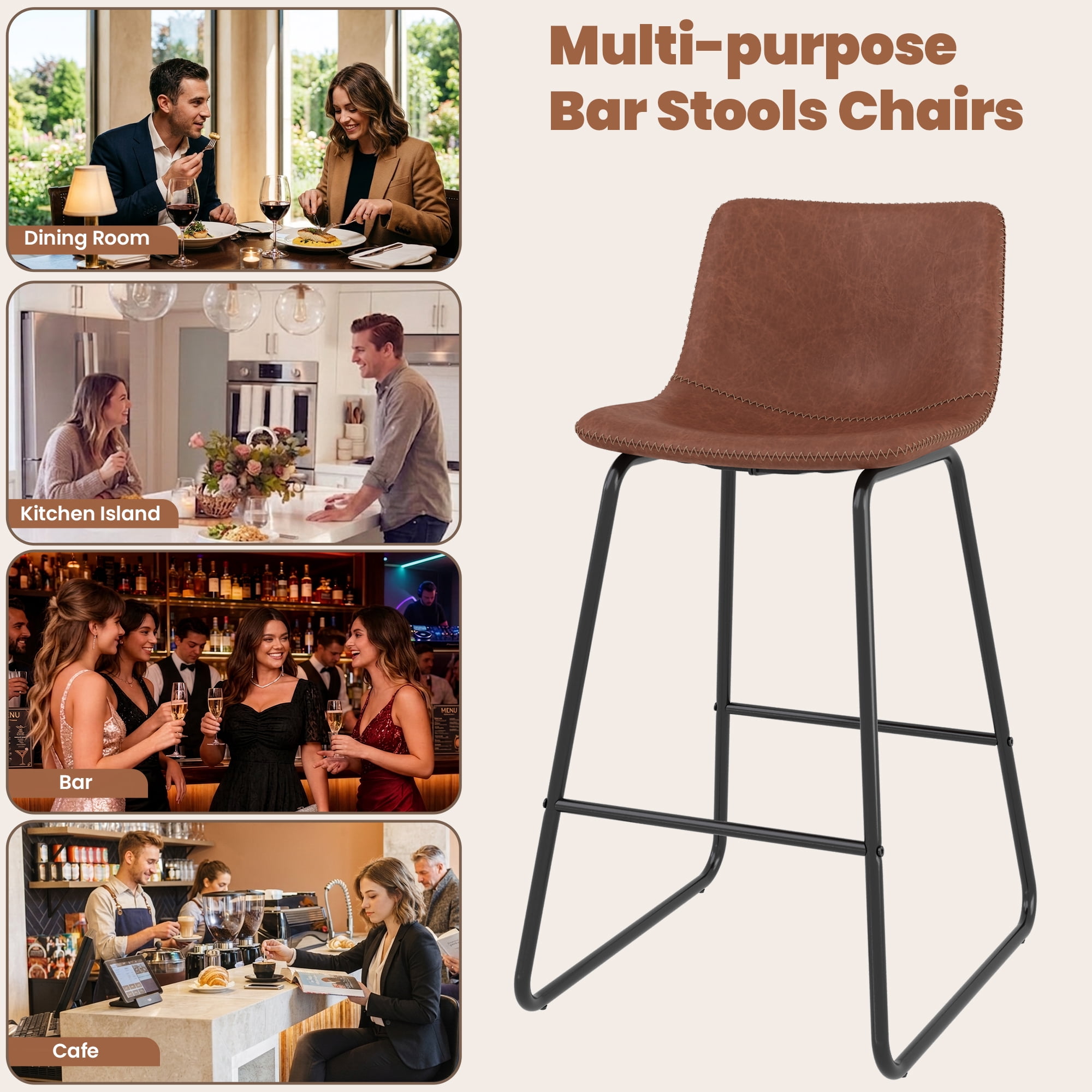Aufeile 26" Counter Height Bar Stools Set of 3 – Modern Faux Leather Barstools with Back & Metal Legs, Kitchen Bar Chairs for Island, Dining Room, Dark Brown