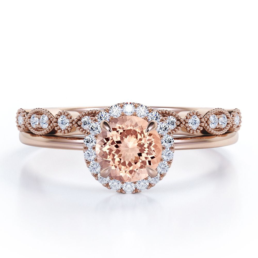 JeenMata Limited Time Sale 1.5 Carat Round cut created morganite and Moissanite Bridal Wedding Ring Set with Engagement Ring and Wedding Band in 18k Rose Gold Over Silver