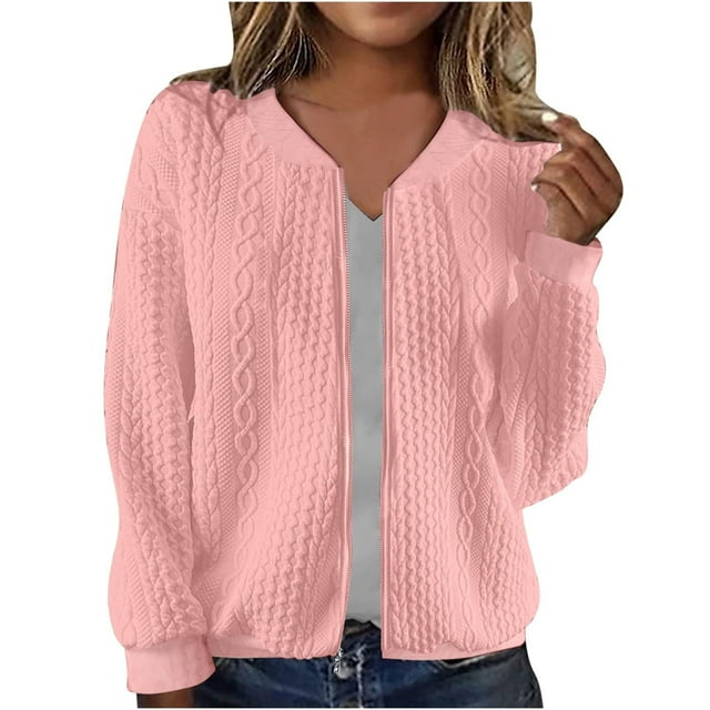 Bmisegm Veste Courte Décontractée à Fermeture Éclair Jacquard Manches Longues Manteaux pour Femmes Rouge S