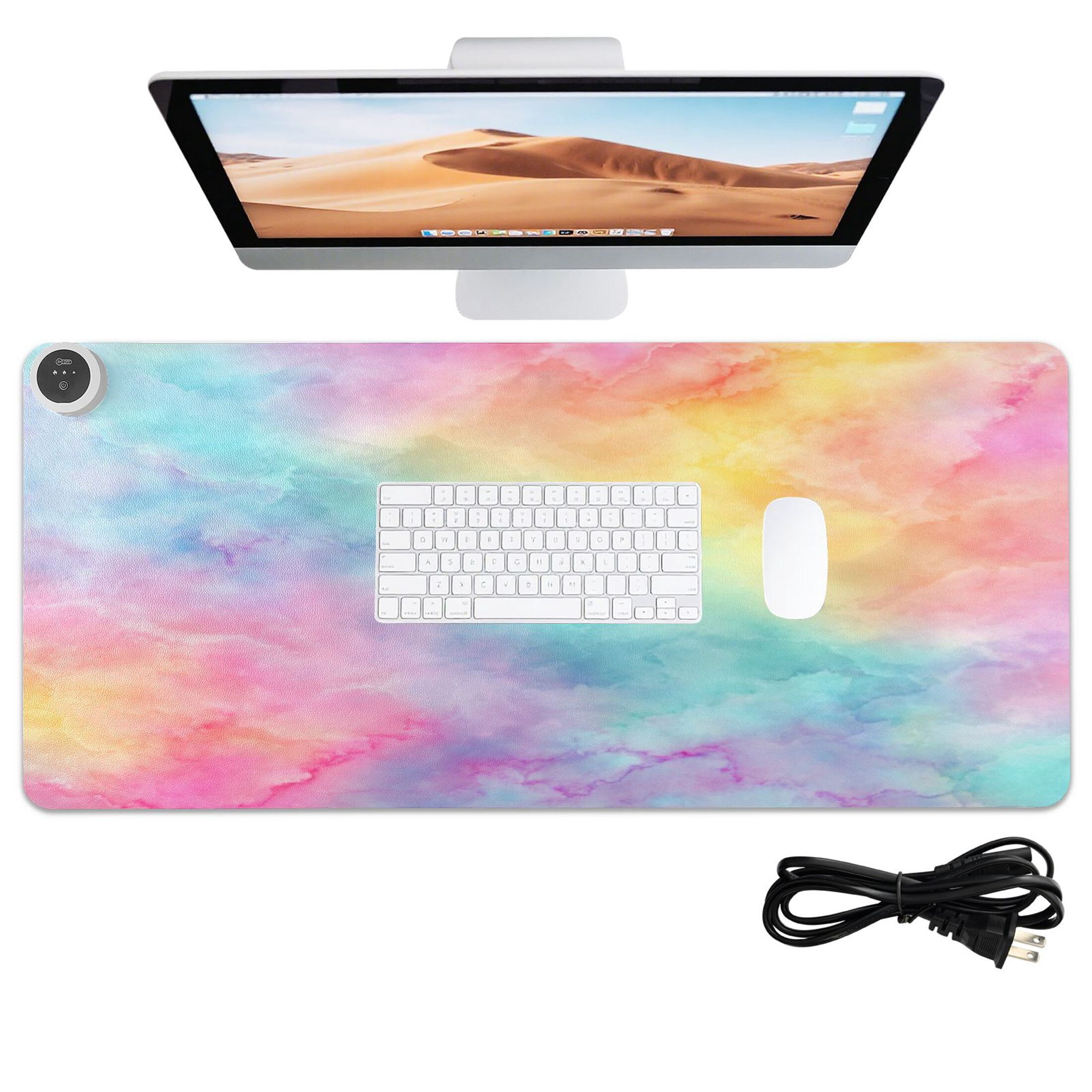 Large Heated Desk Mat Mouse Pad 31.5"x13"PU Leather Graphene Heating Desk Warmer with 3 Temperature Settings 110V US Plug Non-Slip Warm Pad for Home, Office, and Gaming Pastel Rainbow Tie-dye Pattern