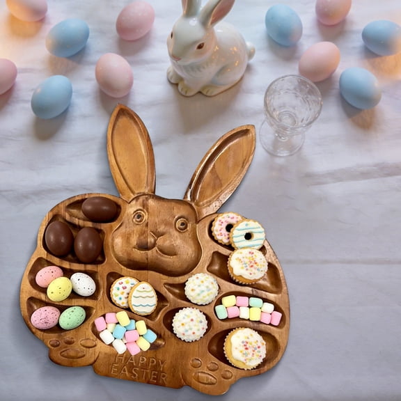 Easter Bunny Wooden Charcuterie Board, Rabbit Wooden Deli Board, Cute Rabbit-Shaped Serving Tray with Compartments, for EasterParty Centerpiece Holiday Snacks & Treats KitchenTable
