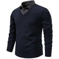 thumbnail image 2 of Men's Color Block Two In One Shirt Long Sleeve Quarter Button Lapel Collar Solid Pullover Top Navy 4XL, 2 of 9