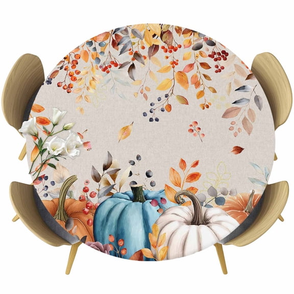 Orange Blue Fall Round Tablecloth, Fitted Table Cover with Elastic for 36"-44" Round Tables, Pumpkins Vintage Botanical Thanksgiving Table Cloth Outdoor Indoor Dinning Party Waterproof Tablecloths