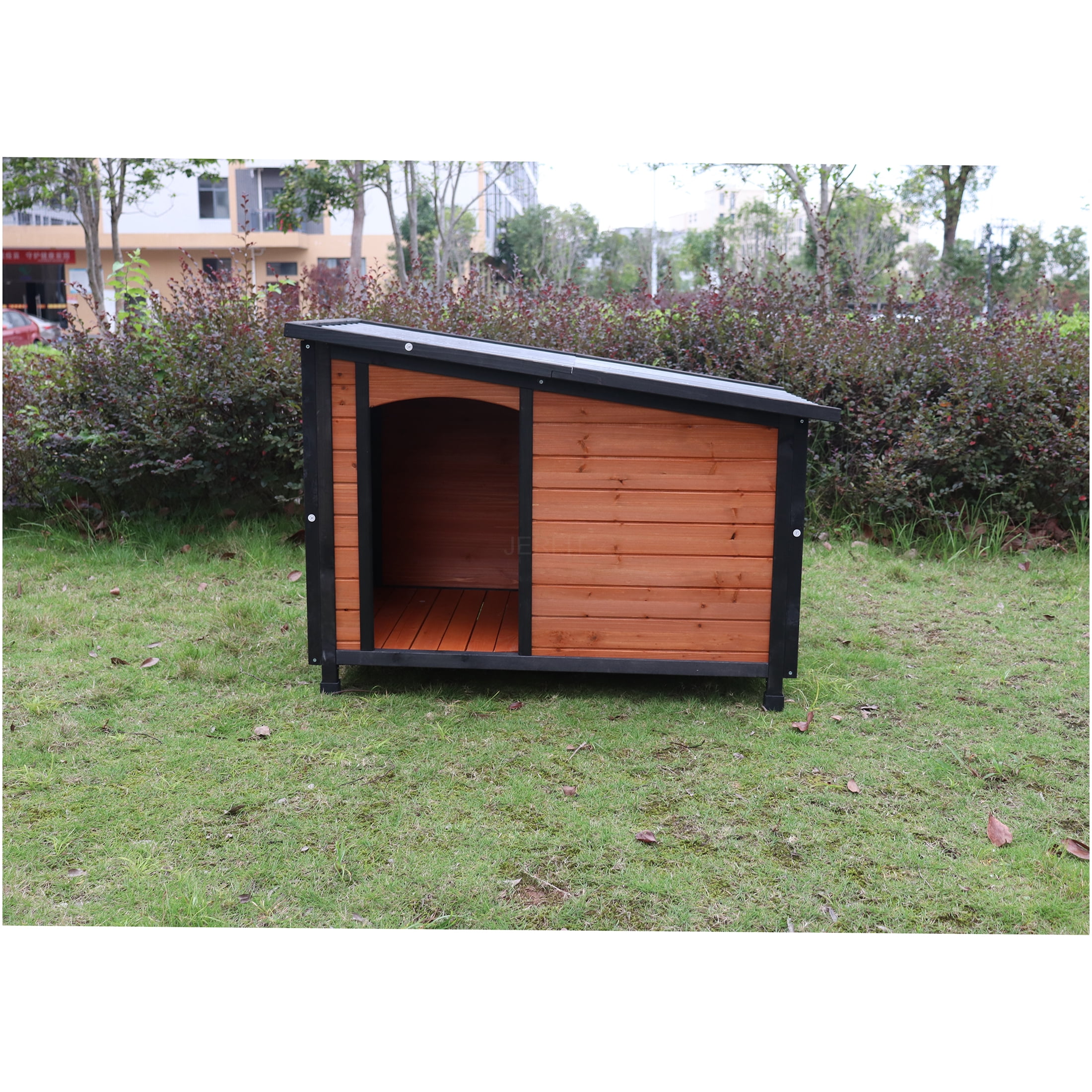 JERFIT Large Dog House Outdoor Indoor Wooden Kennel with Waterproof Roof & Raised Floor, 46 Inch Solid Wood Pet Villa for Winter, Gold Red & Black