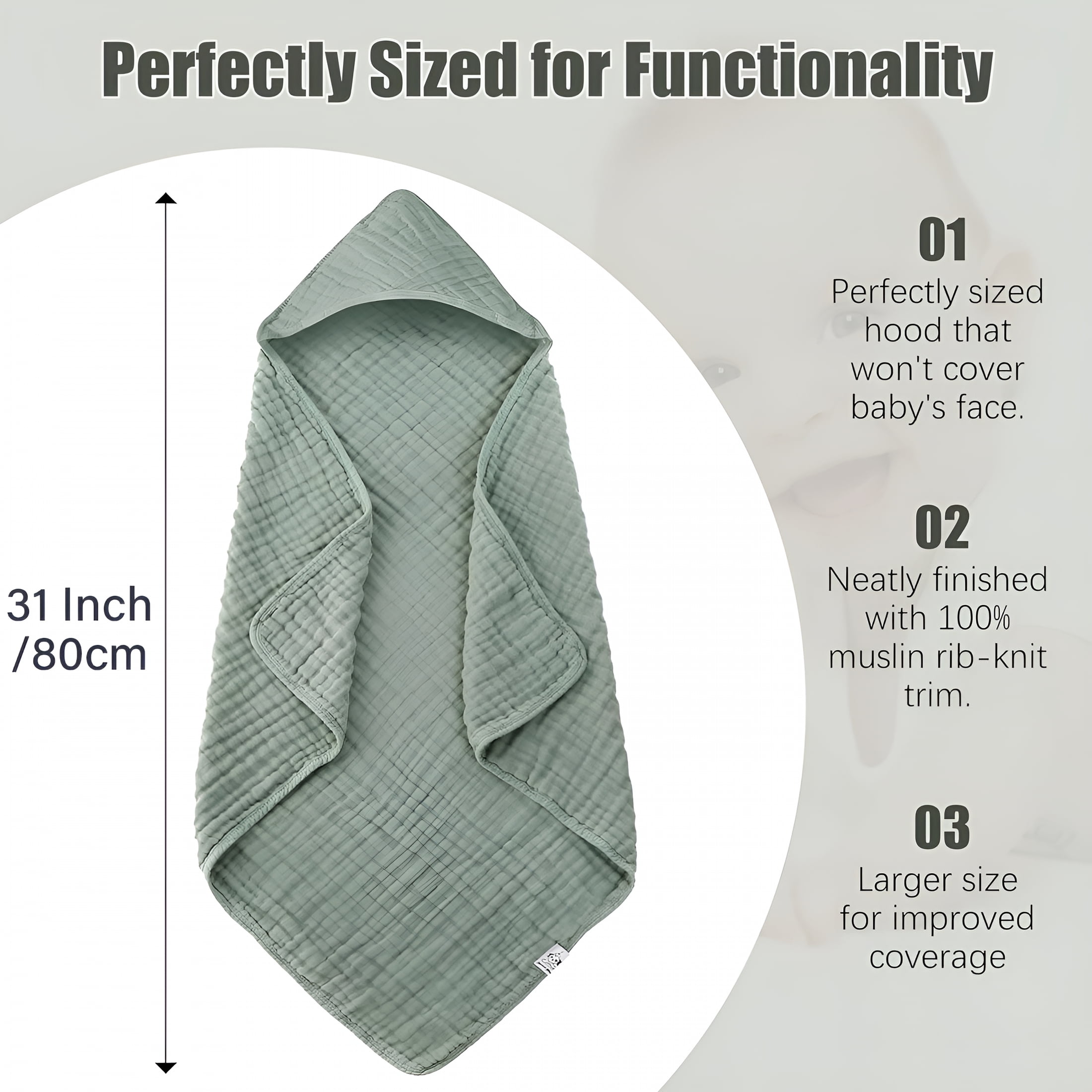 AUQ 2026 New 2 Packs Hooded Baby Bath Towel,Soft&Absorbent Muslin Cotton Baby Towels with Hood for Babies,Toddler&Kids,Green+Grey,31 X 31" for Baby,Bath,Toddler,Kids,Swimming