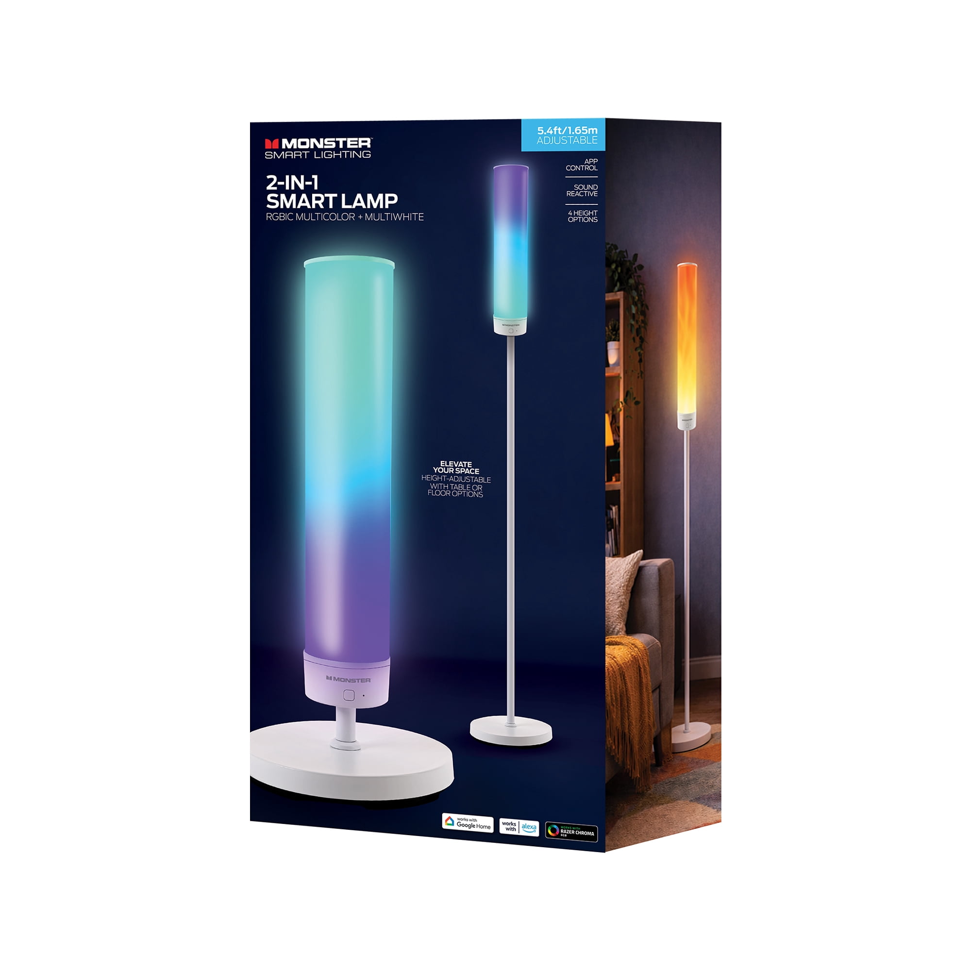 Monster Smart Lighting 2-in-1 RGB+IC Smart Floor Lamp, 5.4 ft Adjustable LED Floor & Table Lamp, Multicolor + Multiwhite, App & Voice Control, Sound Reactive