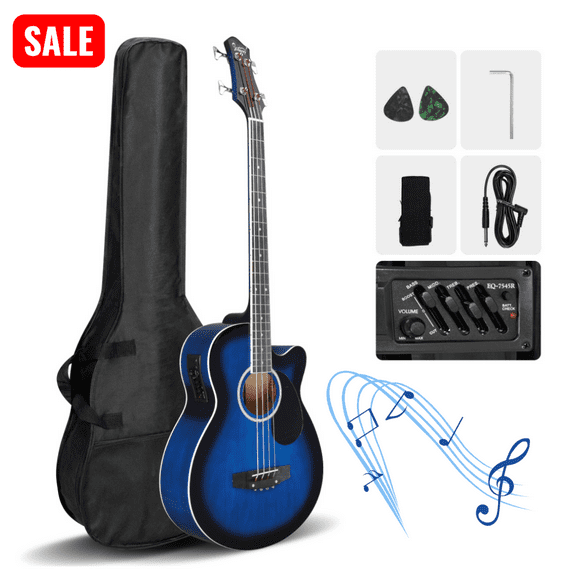 Tcbosik Acoustic Electric Bass Guitar, Full Size 4 String, with Equalizer, Bag, Cable, Wrench, Strap, Plectrum, Blue