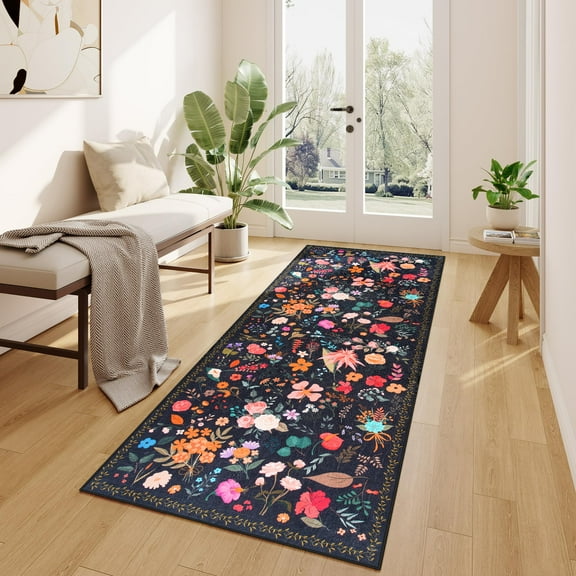 Wondo Anti-Skid Floral Runner Rug 2'x6' with Rubber Backing - Machine Washable Carpet Runner for Hallways, Kitchen, Bedroom, Bathroom & Laundry Room (Black)