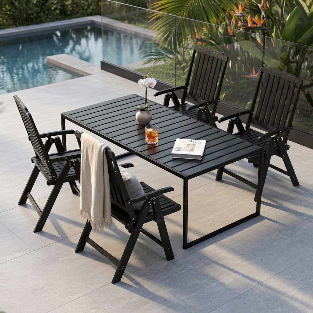 Hommoo Foldable HDPE Outdoor Dining Chair with Armrests, All-Weather, Rustproof, Space-Saving Patio Chair for Backyard, Balcony & Indoor Use, Black
