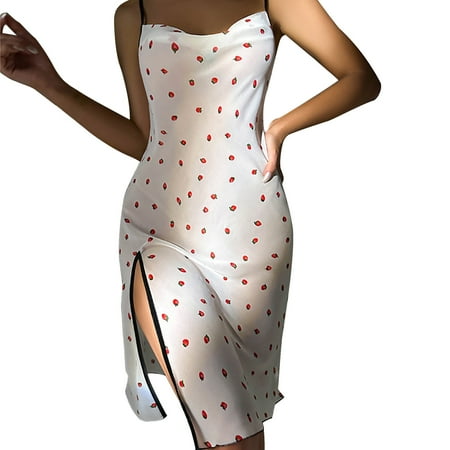 

Tosmy Women Sleepwear Cute Strawberry Suspender Dress Medium Silk Nightdress Summer Simulation Silk Sexy Backless Slit Suspender Nightdress For Women