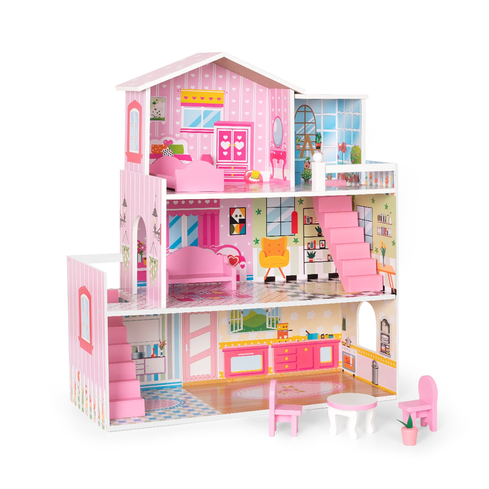 Girls Pink Barbie Doll Mansion House Princess Wooden Furniture Play Set Dolls 