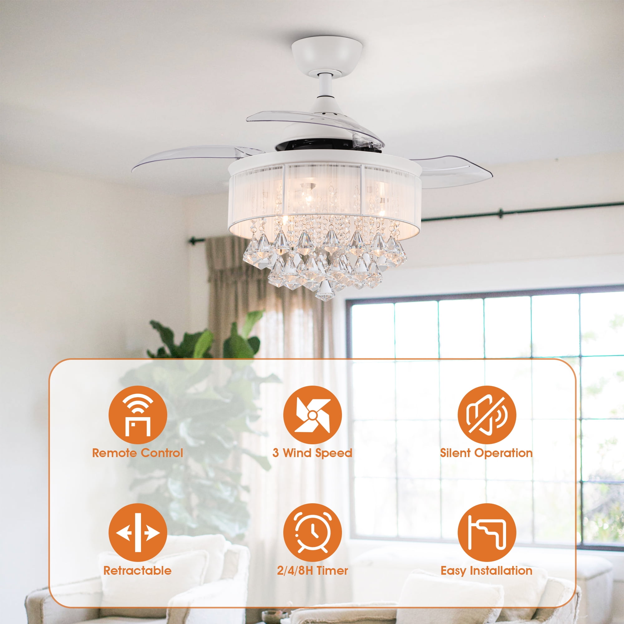 Parrot Uncle 36" Modern White Retractable 3-blade Crystal Ceiling Fan with Remote,  Glam Indoor Chandelier Fan