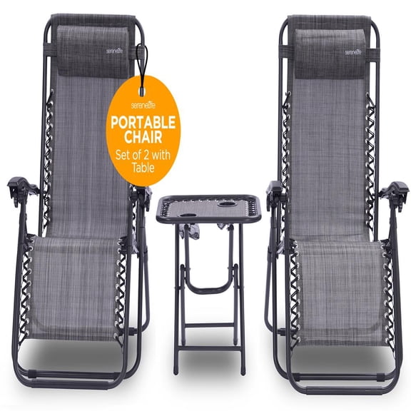 SereneLife Outdoor Zero Gravity Lounge Chair Set with Table, 2 Foldable Adjustable Recliners with Cup Holders, Headrest & Steel Frame for Patio, Pool, Garden & Camping