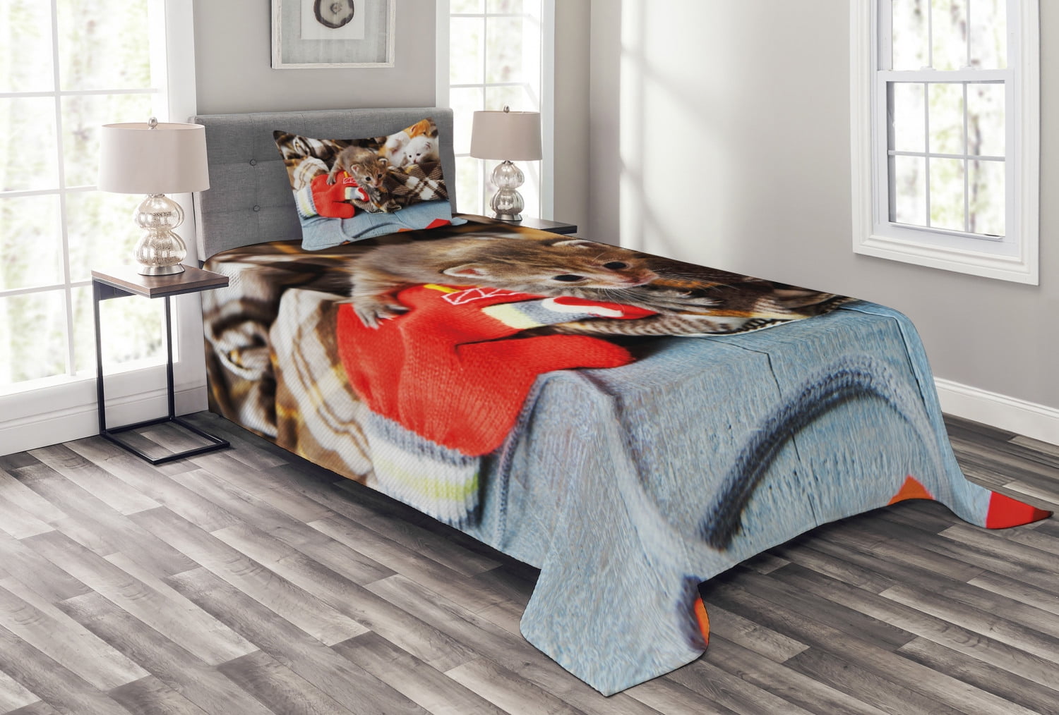 Cats Bedspread Set Twin Size, Kittens and Mittens Newborns Baby Animals