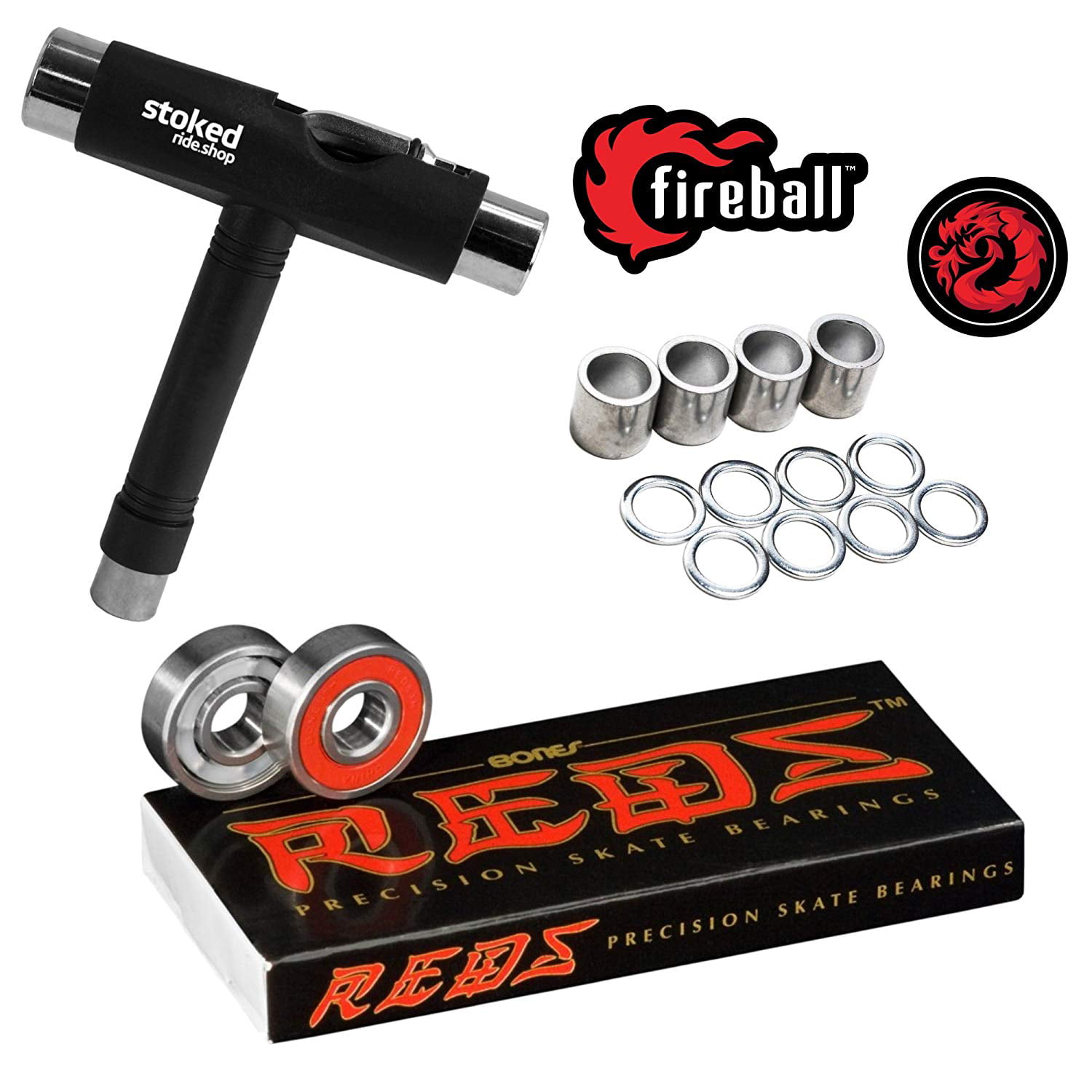 Bones Reds Bearings for [Skateboards, Longboards, Scooters, Spinners] (8  Pack (w/Dragon Spacers, Washers & Stoked Tool))