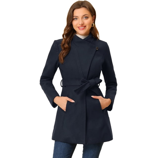 Abrigos Largos Con Cinturón De ManLarCon Cuello Alto Elegante De Invierno PaMujer Azul oscuro M