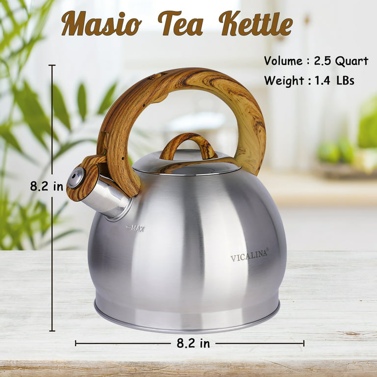2.5 Quart Whistling Tea Kettle Tea pot for Stove Top , Food Grade Stainless Steel  Metal Teapots for Stovetop Water Kettle ,Teteras Para Hervir Agua Teakettle  with Cool Grip Ergonomic Handle 