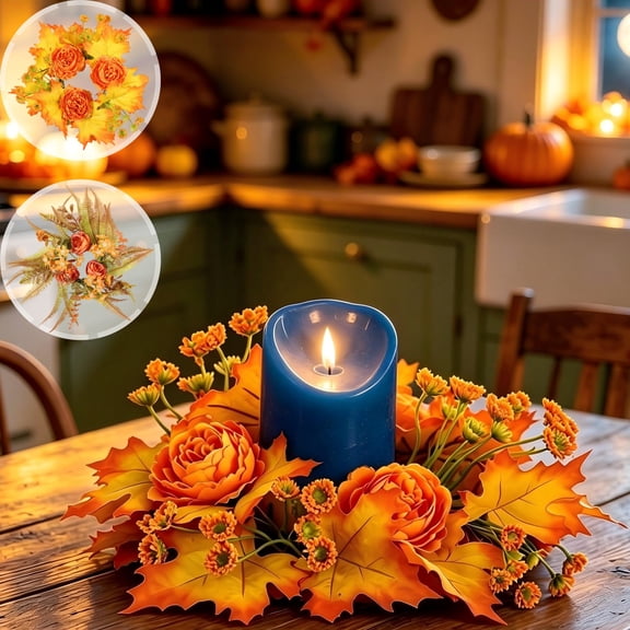 Halloween Sale Clearance!Fall Decorations for Home, Fall Candle Ring Wreath Artificial Autumns Leaves Berries Pumpkin Harvests Table Decor for Thanksgiving