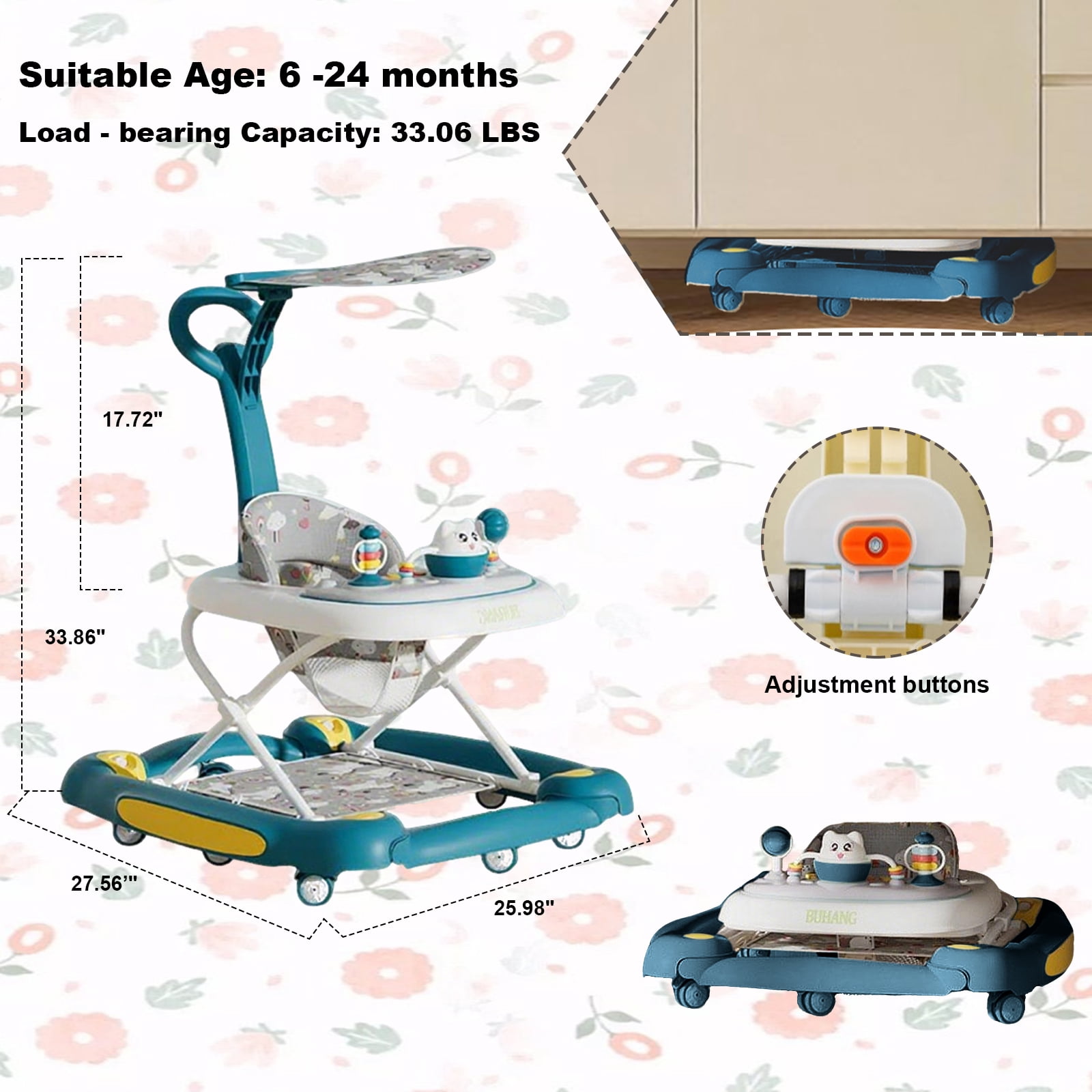 YUCHANG 5-in-1 Baby Walker - Foldable Push Walker,Height Adjustable with Wheels ,for Boys and Girls,6 -24 Months (Green)