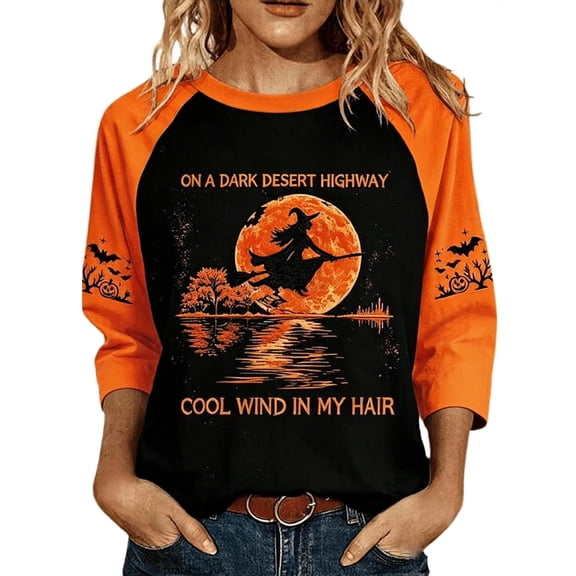 Women's On A Dark Desert Highway Cool Wind in My Hair Flying Witch Shirt, Vintage Halloween Clothes Raglan 3/4 Length Sleeve Tops Casual Holiday Moon Print Tshirt Crew Neck Halloween Witch Tee S