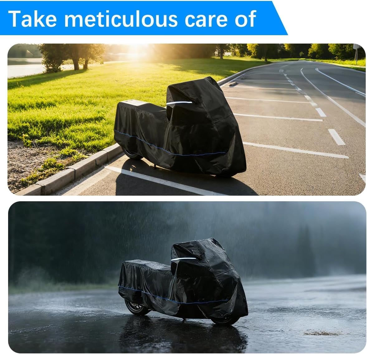 Motorcycle Cover 88.6”L, 420D Oxford Waterproof with High-Temp Resistant Bottom (550°C/1054°F), Heavy Duty Motorcycle Cover for Sport Cruiser Dirt Bike Scooter