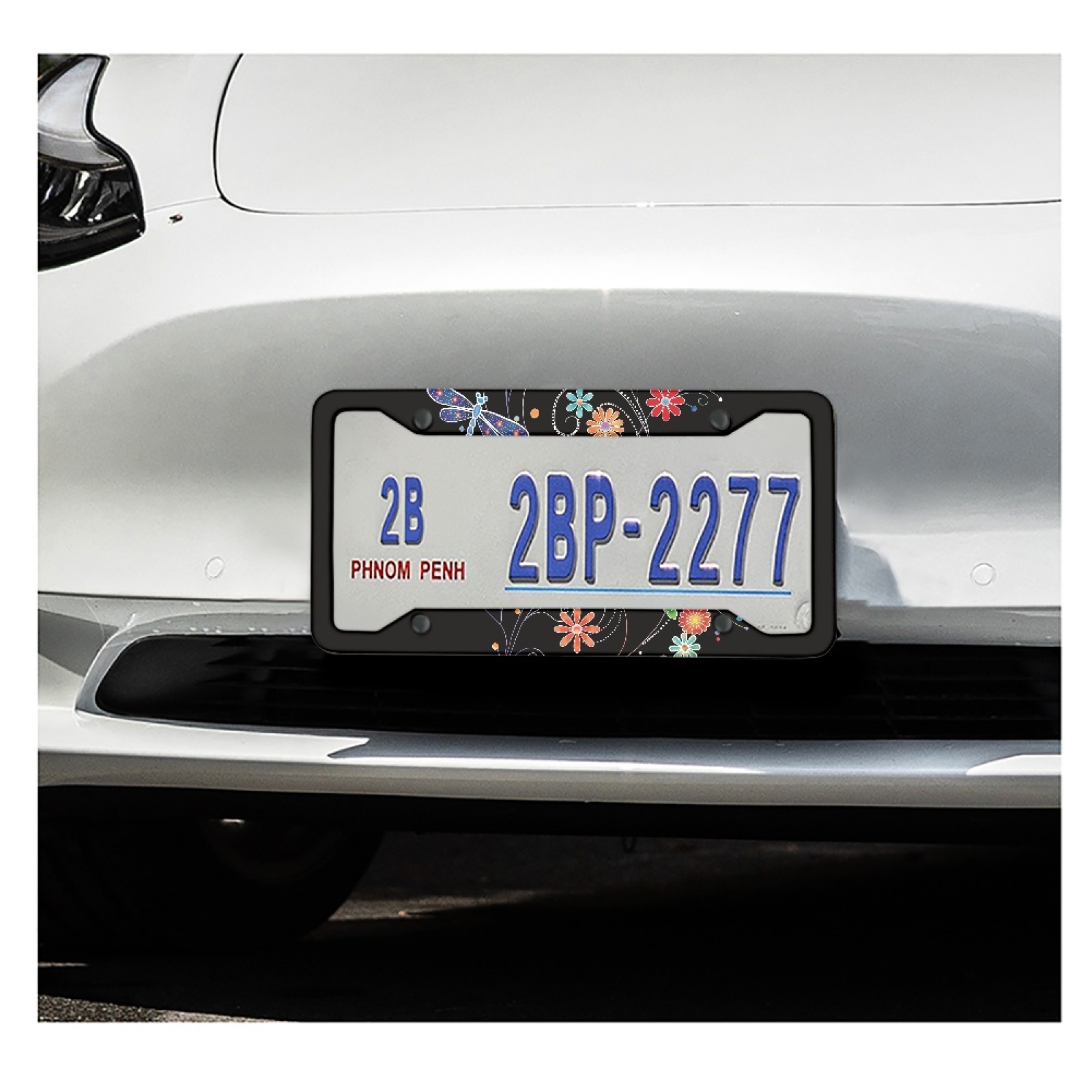 Renewold Dragonfly Flower Colorful Car License Plate Frame Auto Decorative Accessories Plate Holder with Screws, Car Accessories Applicable to Standard US License, Set of 2