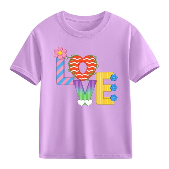Kids Short Sleeve T-Shirt Girls Love Heart Graphic Cotton Tee Purple Crewneck Soft Casual Top Ages 4-10,Size 4 T