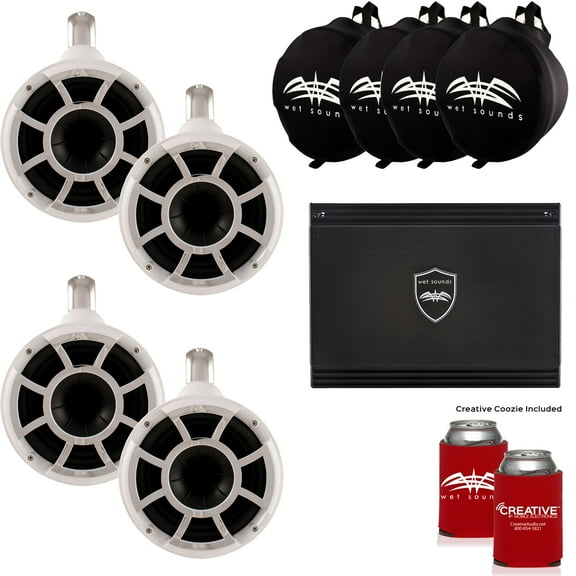 Wet Sounds Two Pairs of White REV 10 Fixed Clamp Tower Speakers with Wet Sounds Suitz speaker Covers & SD2 Amplifier