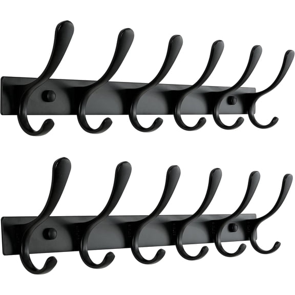 Heavy Duty Wall Mounted Coat Rack - 6 Hooks, Stainless Steel, Pack of 2, Sturdy Coat Hooks for Hanging Clothes, Jacket, Hat, Black