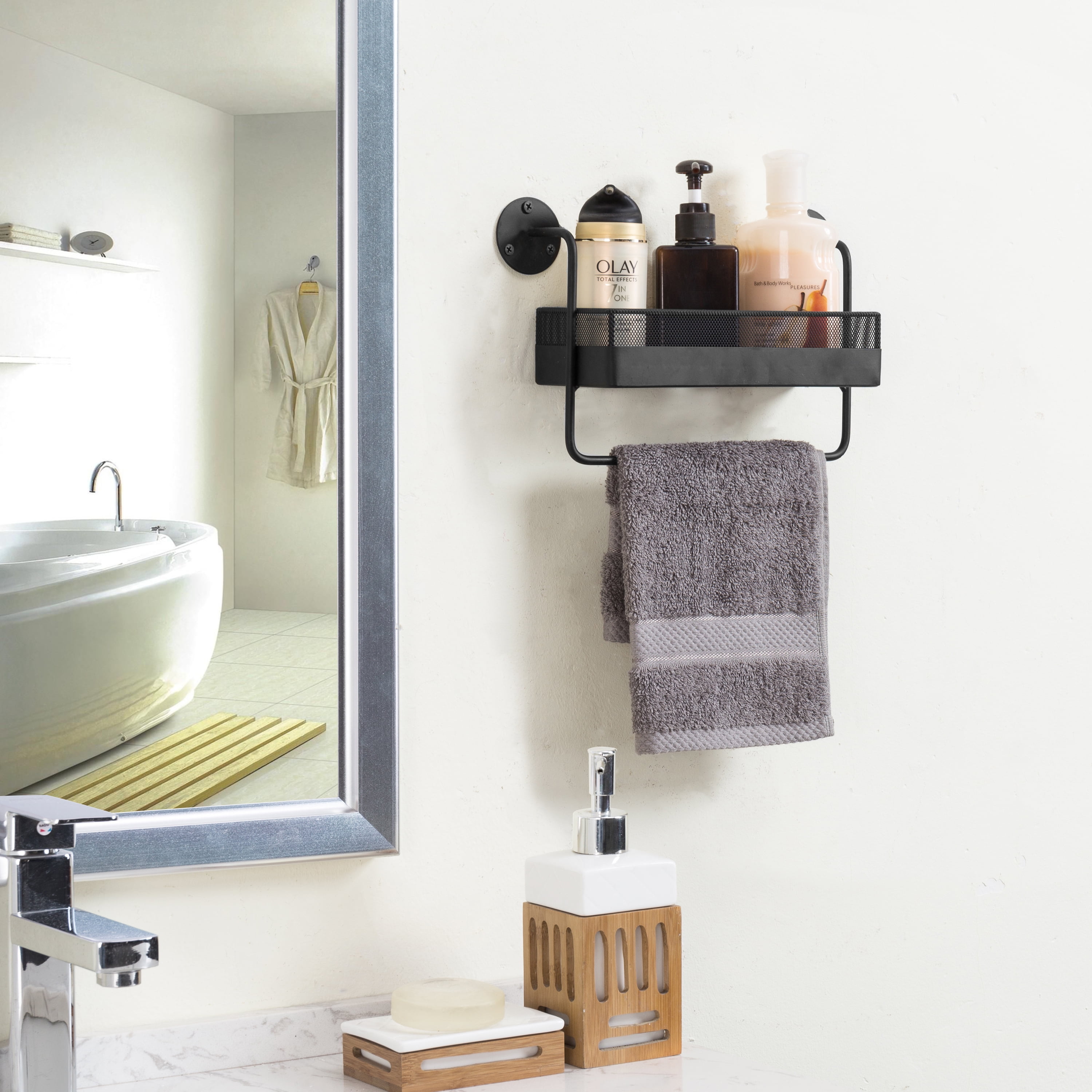 Punch-free Space aluminum Black Bathroom Shelves Kitchen Wall Shelf Shower  Storage Rack Towel Bar Bathroom