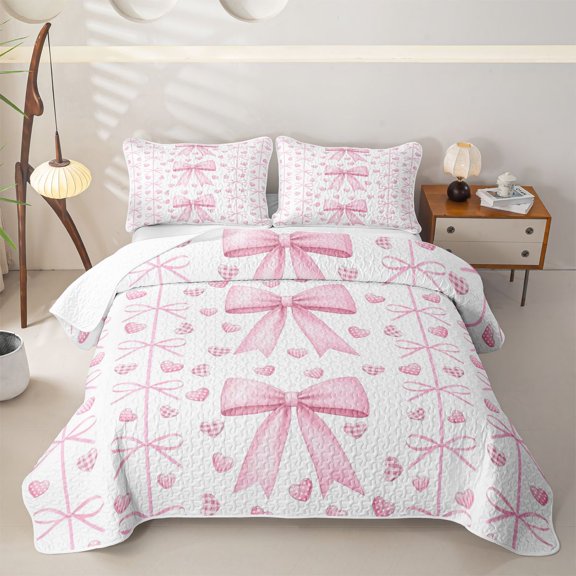 Erosebridal Teens Cute Love Heart Bowtie Twin Quilt Set,Girls Geometric Plaid Polka Dots Twin Coverlet Set