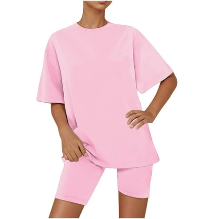 Nnhbluo 2 Piece Pink Outfit for Women Summer Casual Homewear Suit Simple Lounge Set 2 Piece