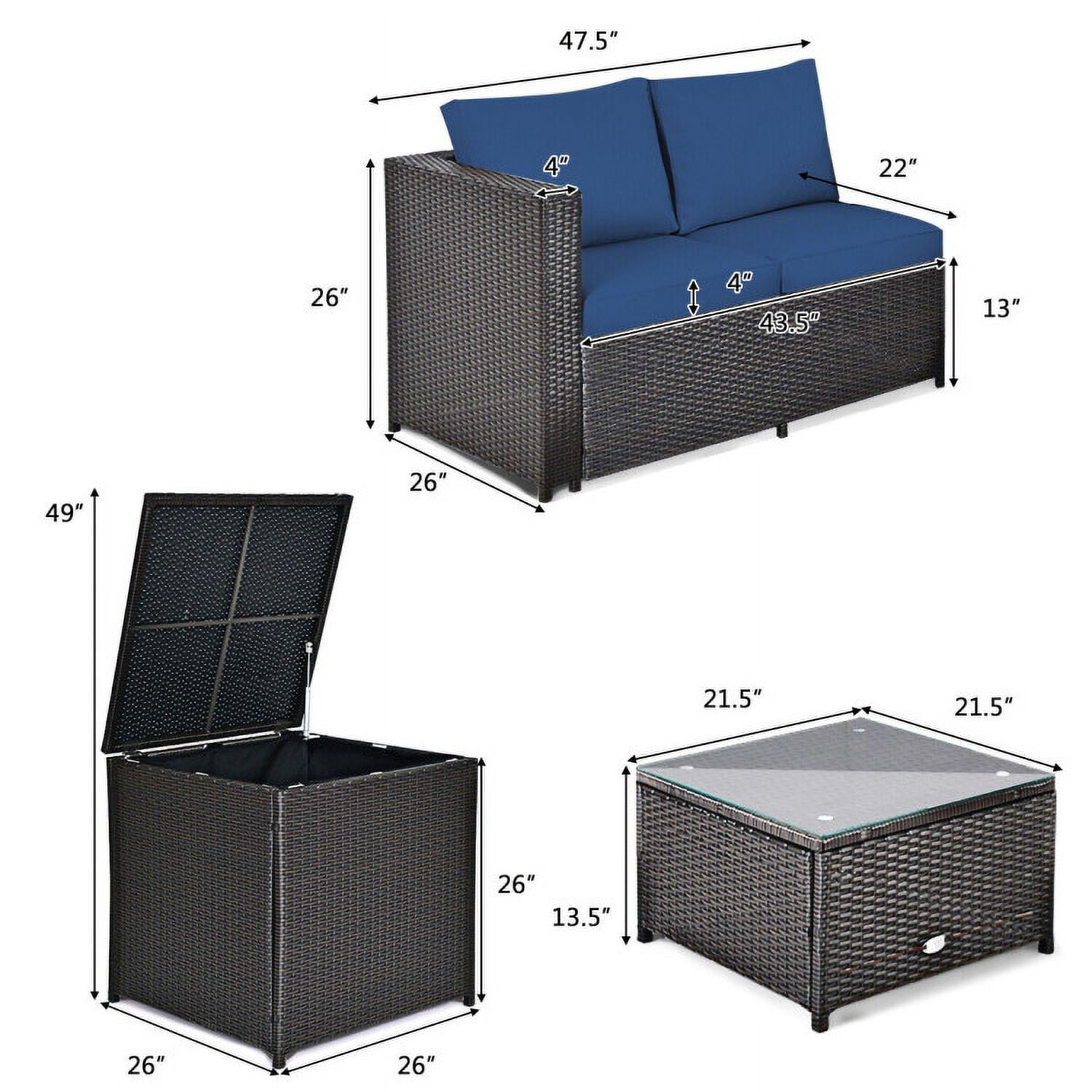 Aimee Lii 4 Pieces Outdoor Patio Rattan Furniture Set with Cushioned Loveseat and Storage Box, Outdoor Deck Furniture, Navy