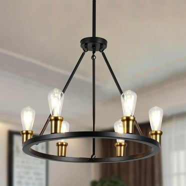 6-Light Farmhouse Chandelier, 23.94In Wagon Wheel Chandelier for Living Room Kitchen Island Dining Foyer - 23.94'' D x 19.69'' H Black and Gold