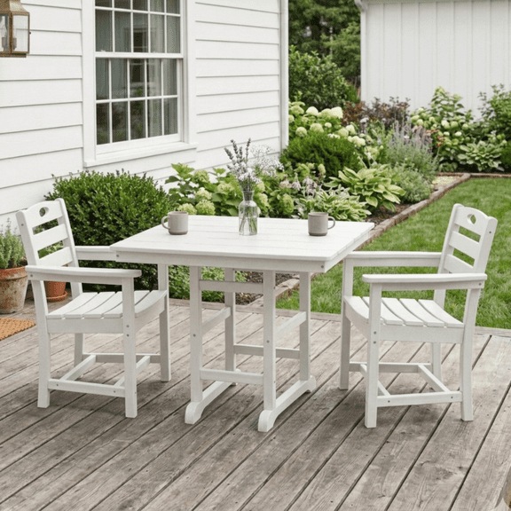 White HDPE 3-Piece Outdoor Patio Dining Set with Square Table and 2 Armchairs for Lawn, Garden, Poolside