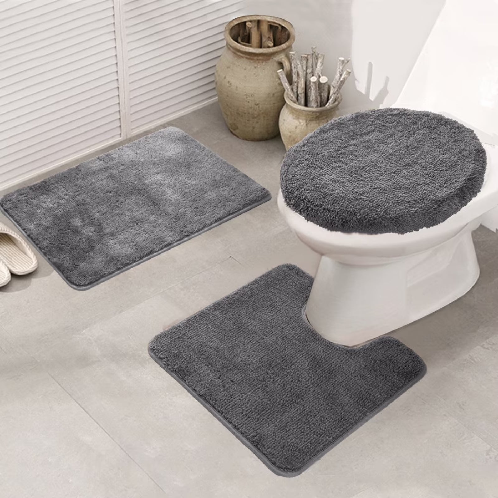 Eurhowing Bath Rug Set 3-Piece, Microfiber Non-Slip Absorbent Bathroom Mat Set, Ultra Soft Bath Mat with U-Shaped Contour Rug & Toilet Lid, Gray