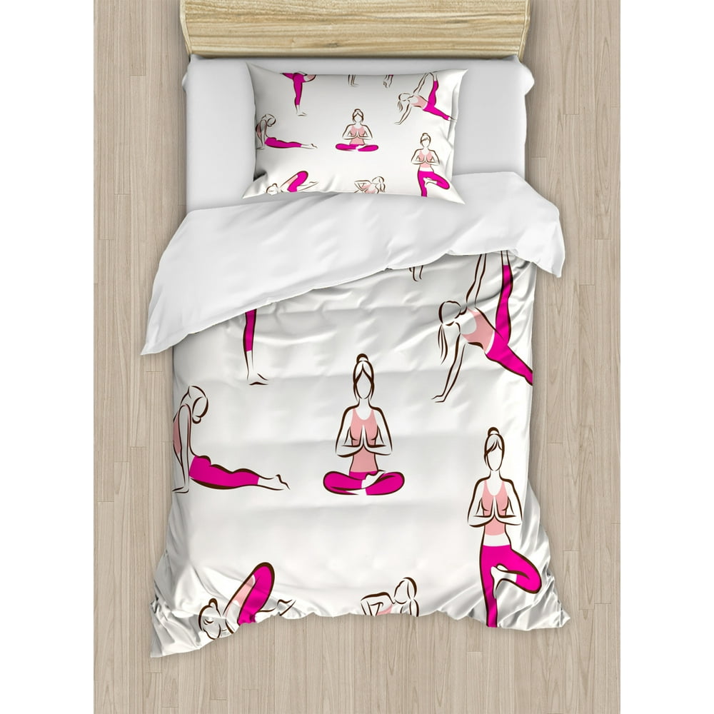 Yoga Duvet Cover Set, Yoga and Pilates Poses Symbols Healthcare Fitness