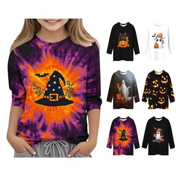 WAVSUF Girls Halloween T-Shirt, 3/4 Sleeve Round Neck Cute Printed Fall Casual Pullover Purple 7-8