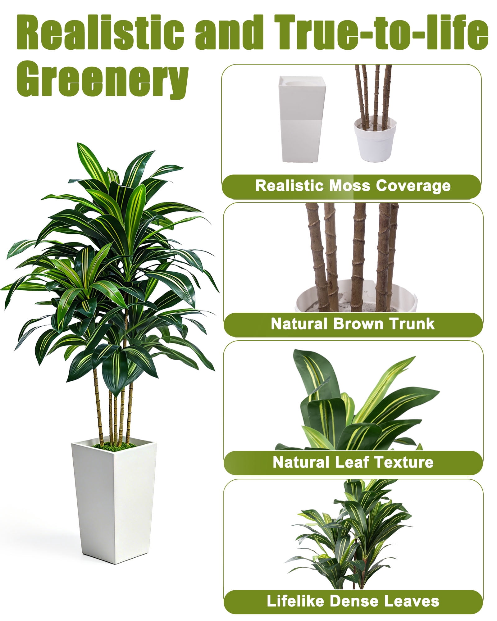 5FT Artificial Dracaena Tree, Large Fake Dracaena Tree Indoor with White Tall Planter and Fake Moss, Faux Yucca Trees Floor Plant in Pot for Living Room Office Indoor Home Decor