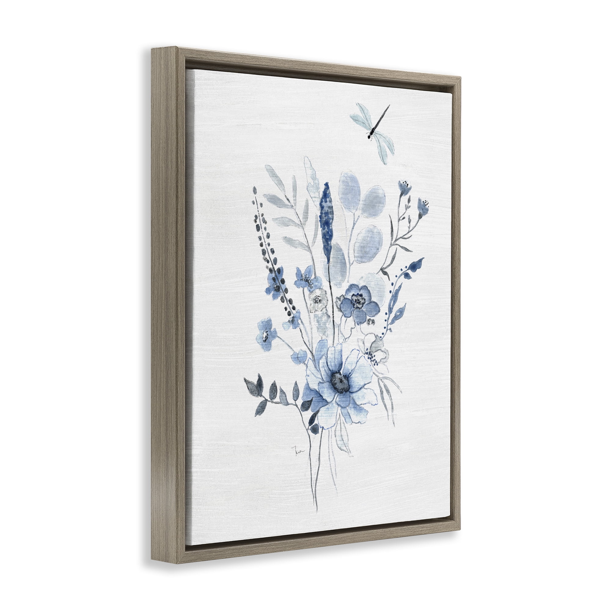 Stupell Industries Soft Blue Wildflowers Botanical & Floral Painting Brown Floater Framed Art Print Wall Art, 17 x 21