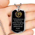thumbnail image 2 of Shield Of Salvation Cross Dog Tag Stainless Steel or 18k Gold 24" Chain, 2 of 8