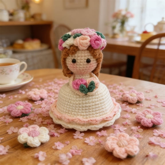 TechToyHub Handmade Crochet Bride Doll with Flower Crown, Cute Amigurumi Bridal Figurine, Romantic Wedding Decor, Bridal Shower Gift, Knitted Bride Stuffed Doll for Home Decor, Anniversary Present