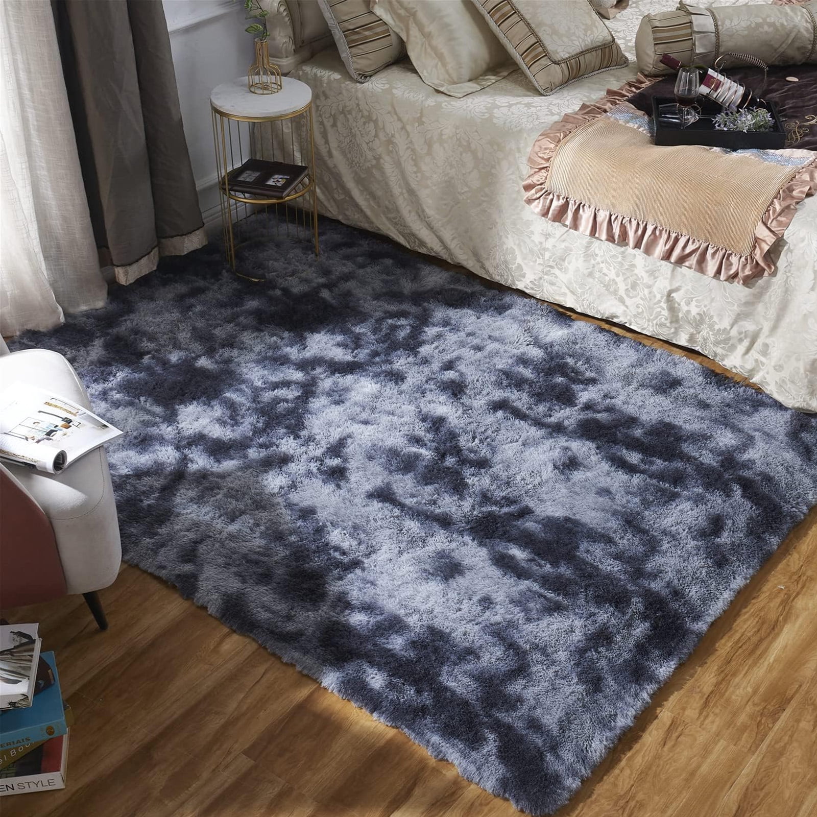SUSUZI 5' x 7' Shaggy Area Rug, 2 Inch Thick Fluffy Plush Carpet with Non-Slip PVC Back,  Dark Gray Modern Soft Rug for Bedroom Living Room Kids Room