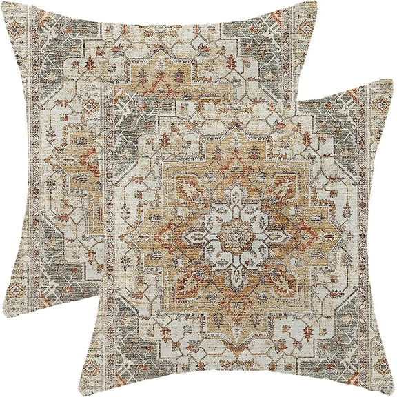 Boho Pillow Covers 18x18 Inch 2 Pcs Vintage Burnt Orange Grey Beige Carpet Pattern Ethnic Decor Throw Pillows Retro Outdoor Farmhouse Decoration Pillowcase Linen Cushion Cover for Couch Sofa