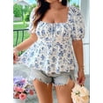 thumbnail image 2 of Women'S Floral Blouse Boho Shirred Square Neck Puff Short Sleeve Vacation Shirt Peplum Tops Blue on White XXL, 2 of 6
